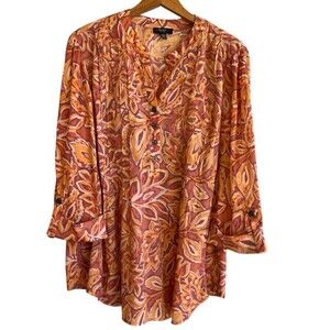 Cocomo Womans Floral Top Size 2X Beachy Coastal Multicolor Roll Tab 3/4 Sleeve